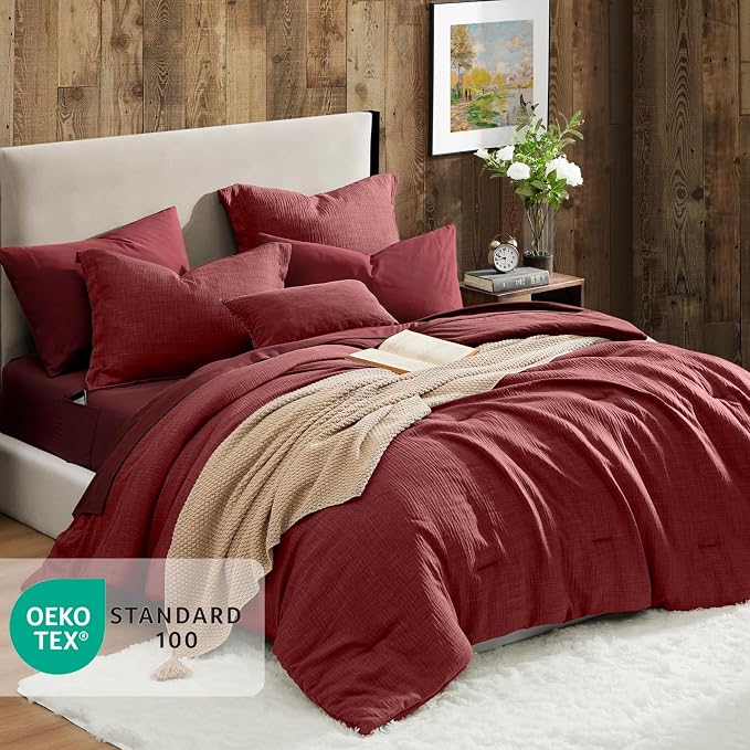 Geniospin Queen Comforter Set - 7 Pieces Comforter Queen Size, Solid Bedding Set for All Season, Dark Red Textured Bed in a Bag with Sheets