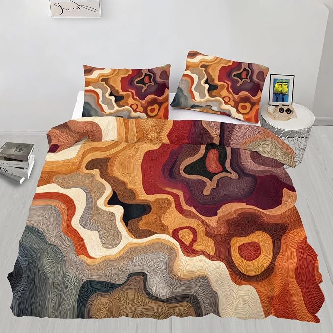 Fall Abstract Duvet Cover Twin Size, Abstract Bedding Set 3 Piece, Grey Brown Patterned Comforter Cover with Zipper Soft Microfiber, 2 Pillowcases