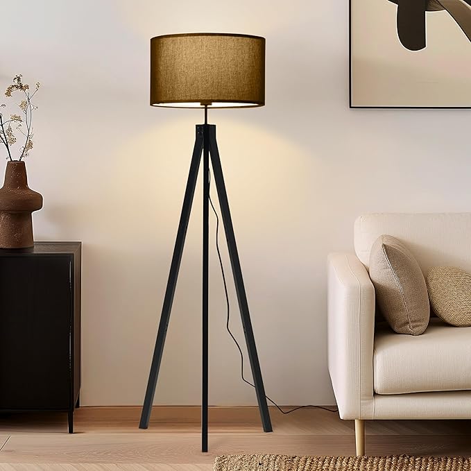 Brightech Eden Tripod LED Floor Lamp – Mid Century Dimmable Modern Light for Contemporary Living Rooms - Tall Free Standing Lamp with Solid Wood Legs for Bedroom, Office - Classic Black