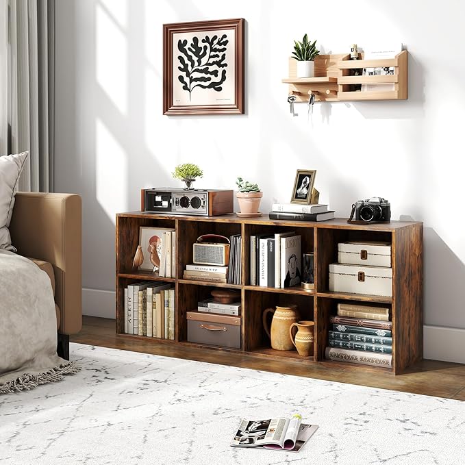 Tangkula 8-Cube Bookcase, Large Floor Standing Horizontal Bookshelf with 8 Open Shelves & 2 Anti-Tipping Kits, Home Office Wooden Storage Book Shelf for Living Room, Study (Rustic Brown, 8-Cube)