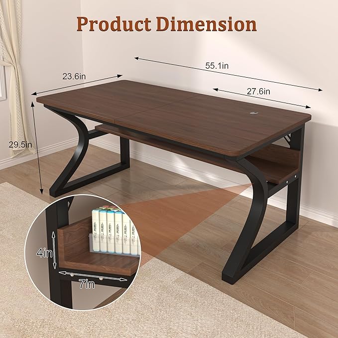 AZN Computer Desk, 55x24 in Computer Desk, Office Desk w/Storage & U-Size Metal Frame for Home Office Bedroom Gaming, Office Desk w/Water-Resistant, Scratchproof Surface, Dark Walnut