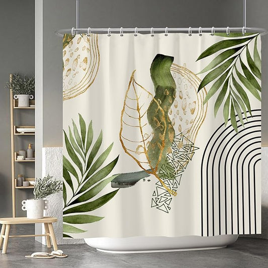 Baocicco Boho Shower Curtain Green Gold Leaves Modern Abstract Geometric Minimalist Shower Curtains Decorative for Bathroom Waterproof Fabric Shower Curtain with Hooks 72x72 Inches