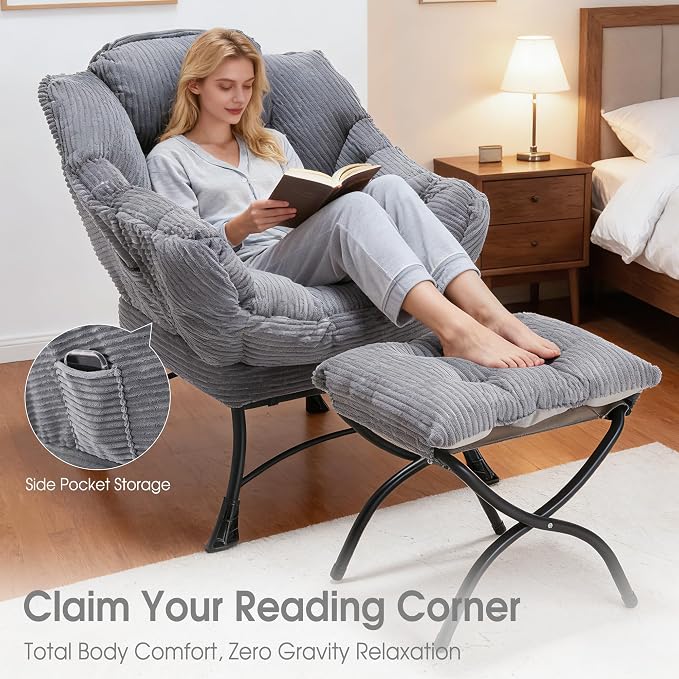 Lazy Chair with Ottoman, Comfy Lounge Chair for Reading, Relaxing, and Napping, Perfect for Living Room, Bedroom or Office, Grey