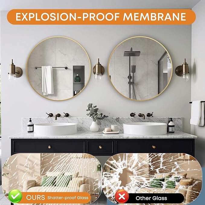 Round Mirror, Wall Mounted Circle Mirror with Brushed Metal Frame, Circular Mirrors for for Bathroom, Living Room, Vanity, Bedroom, Entryway, 36inch, Gold