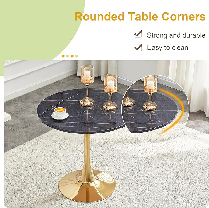 31.5 Inch Small Round Dining Table for 2-4 Person, Circle Tulip Table with Faux Marble MDF Top and Gold Metal Base,Mid Century Modern Bistro Table for Kitchen, Small Places,Living Room, Cafe
