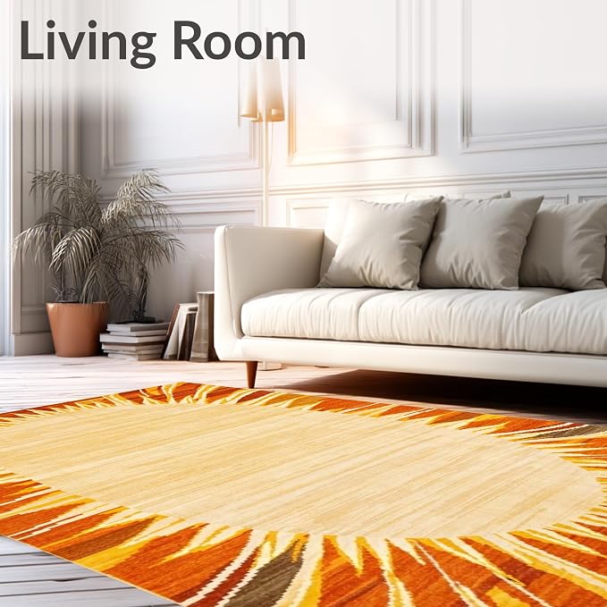 Flatwoven High Traffic Area Rug 4x6, Warm Retro Sun Rays Floor Mat with Symmetrical Circular Geometric Pattern, Non Slip, Stain Resistant, Washable Area Rugs for Living Room, Bedroom (Yellow, 4x6)