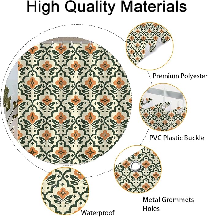 Vintage Boho Floral Shower Curtain，Mid Century Modern Abstract Orange Green Bathroom Curtain，Polyester Fabric Waterproof Bath Curtains 60x72 Inch with 12 Hooks