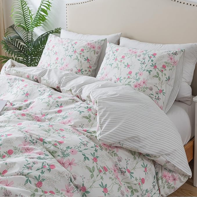 HoneiLife Cotton Duvet Cover King - Botanical Comforter Cover, 3-PC Bedlinen for Set with Zipper Closure & Corner Ties, Sweat-Absorption Comforter Cover Sets, Fuchsia‌