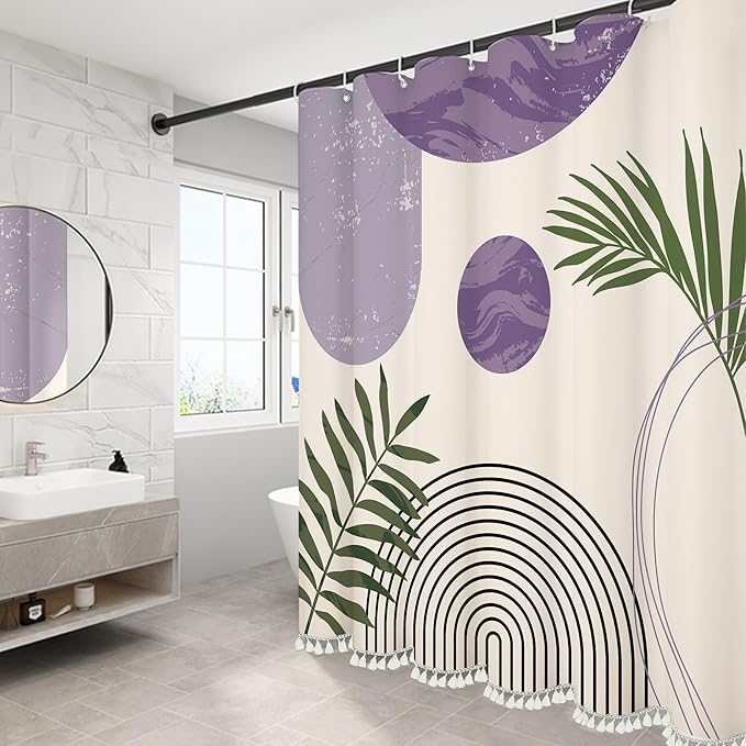 Boho Mid Century Leaf Shower Curtain Set,Arch Sun Design,Minimalistic Leaves Pattern,Waterproof and Luxurious Fabric-12 Hooks(Purple-72" x 72")
