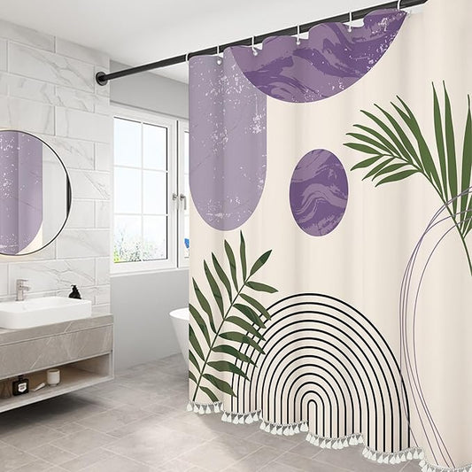 Boho Mid Century Leaf Shower Curtain Set,Arch Sun Design,Minimalistic Leaves Pattern,Waterproof and Luxurious Fabric-12 Hooks(Purple-72" x 72")