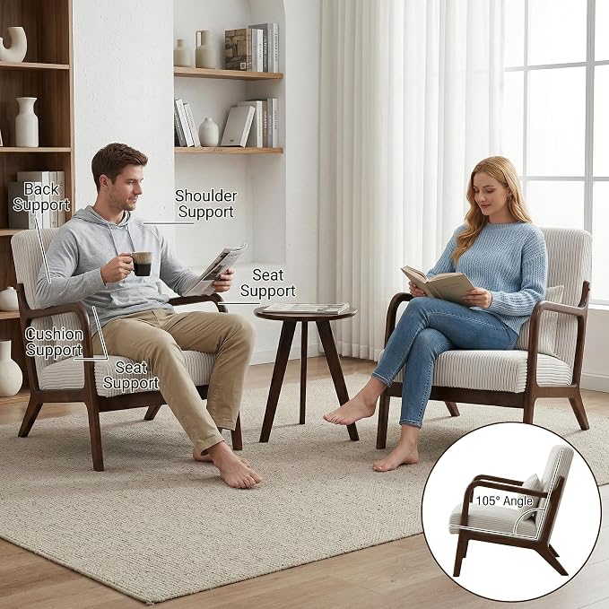 Mid Century Modern Accent Chairs Set of 2, Upholstered Corduroy Armchairs with Lumbar Pillows, Solid Rubberwood Frame for Living Room, Bedroom, Waiting Room, White