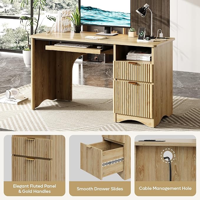 Bestier Computer Desk with Drawer, 55 inch Office Desk with Power Outlet, Modern Home Office Desk with Keyboard Tray (Natual Oak, 55" W with Single-Sided Drawers)