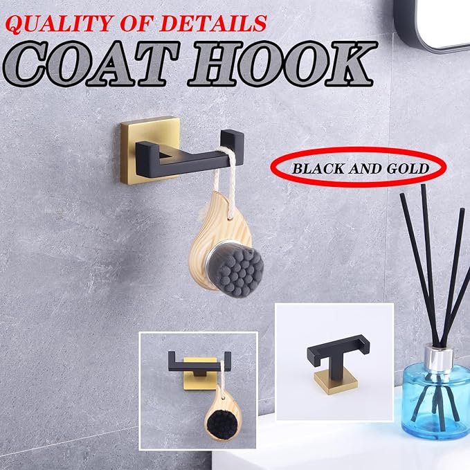 GERZWY Stainless Steel Coat/Robe Clothes Hook for Bath Kitchen Modern Hotel Style, Bathroom Double Towel Hook Wall Mounted (Black & Gold) AG1407B-BD