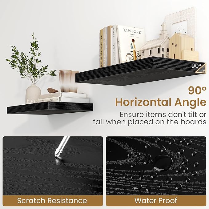 55 Inch Long Floating Shelves for Wall Set of 2, 55x9.3 Large Floating Shelf for Bedroom, Kitchen, Bathroom, Wall Mounted Rustic Wood Shelves with Invisible Bracket for Books, Decor, Black