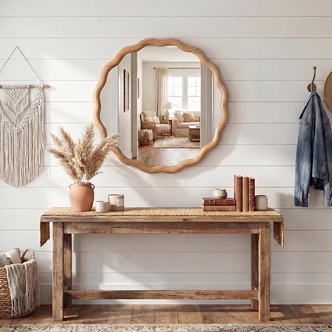 PERFNIQUE Scalloped Round Mirror 24", Wood Framed Nursery Wall Mirror with Tempered Glass, Decorative Wavy Edge Circle Mirror for Bedroom, Entryway or Living Room