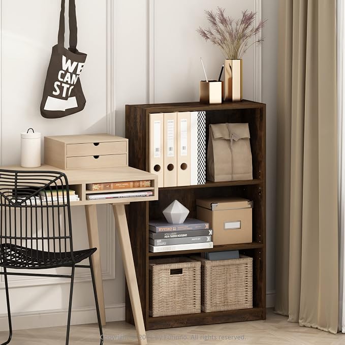 Furinno JAYA Book Shelf, 3-Tier Bookshelf, Bookcase with Adjustable Shelves, 9.5 x 24.5 x 40.3, for Organization and Storage, for Living Room, Bedroom, Home Office, Amber Pine