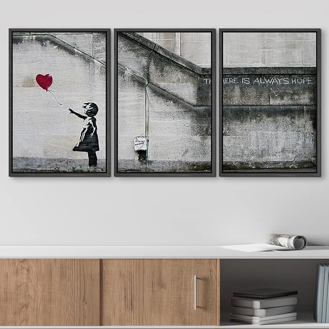 wall26 - 3 Piece Framed Canvas Wall Art - There is Always Hope - Girl and Red Heart Balloon - Street Art - Guerilla - Modern Home Art Stretched and Framed Ready to Hang - 16"x24"x3 Black