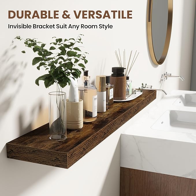 36 Inch Floating Shelves for Wall 2 Pack, 36" Wall Shelves for Books, Storage, Decor, Wall Mounted Floating Shelf with Invisible Brackets for Kitchen, Living Room, Brown
