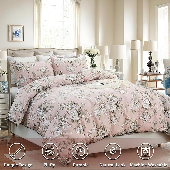 Floral Duvet Cover King Size Soft 100% Nature Cotton Vintage Style Pink Bedding Set with Zipper Closure 3 Pcs Cottagecore Botanical Duvet Cover, Ultra Soft, Breathable