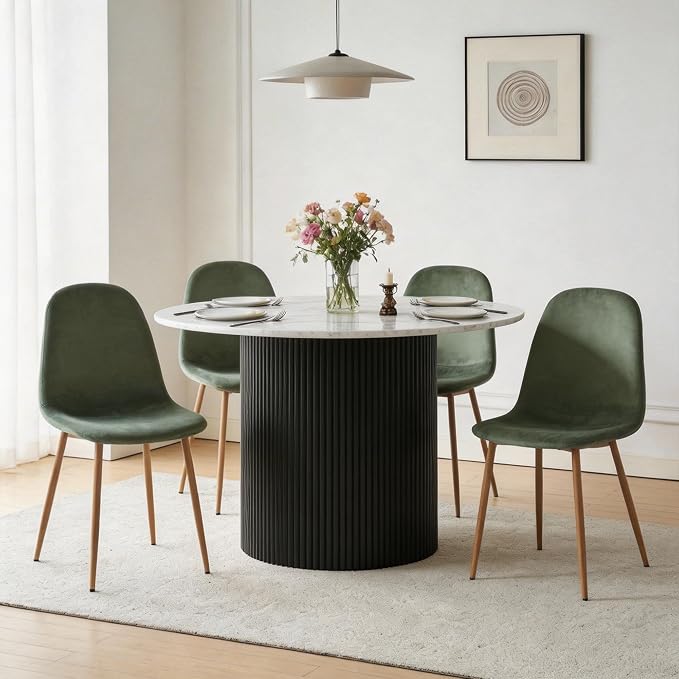 Dining Table Set for 4, Mid Century Modern 47 Inch White Marble-Look Wooden Round Dining Table Set, Space Saving (Table + 4 Green Chairs)