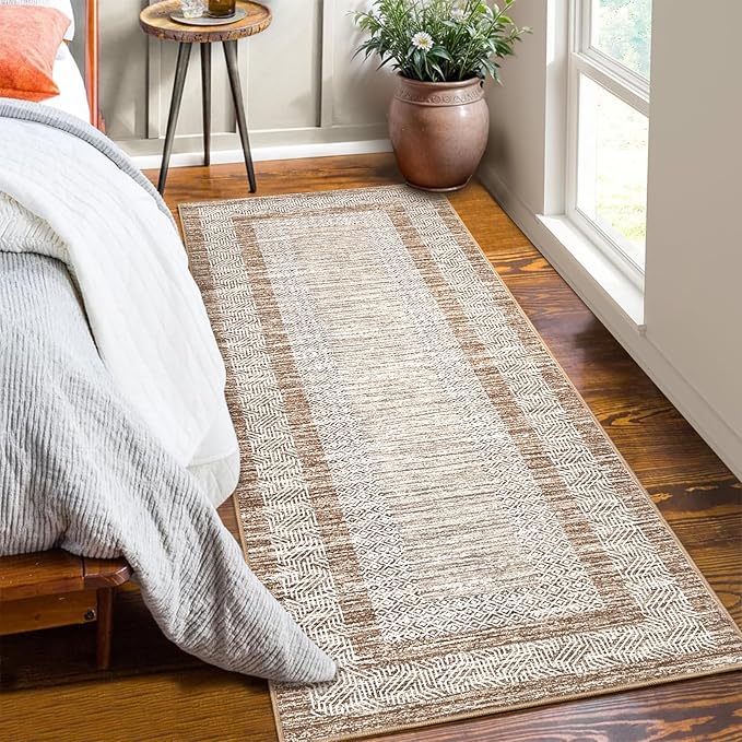 GarveeHome Washable 2.5x10 Kitchen Runner Rug, Easy Clean Geometri Rugs for Hallway Entryway, Indoor Outdoor Non Slip Rug Farmhouse Morden Carpet Door Mat Area Rug for Laundry Room Brown