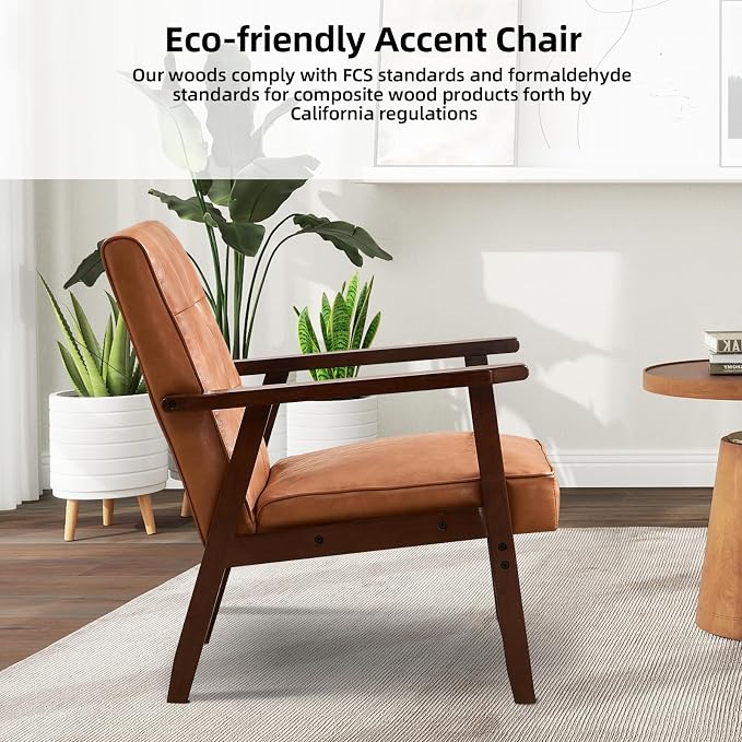 IOMOR Accent Chair Mid Century Modern Chair for Living Room, Comfy Faux Leather Armchair with Solid Wood Frame Soft Thick Padded, Side Chairs Easy Assembly Set of 2, Brown
