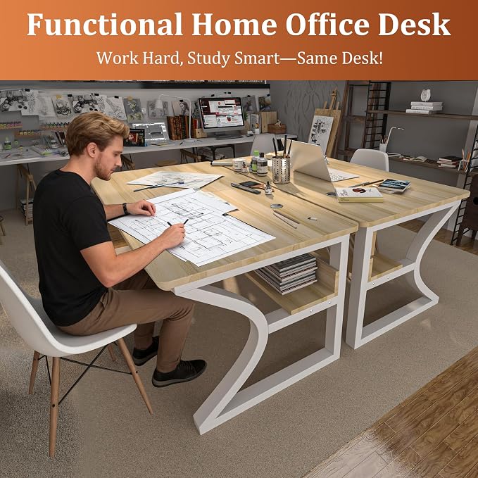 AZN Computer Desk, 55x24 in Computer Desk, Office Desk w/Storage & U-Size Metal Frame for Home Office Bedroom Gaming, Office Desk w/Water-Resistant, Scratchproof Surface, Light Walnut