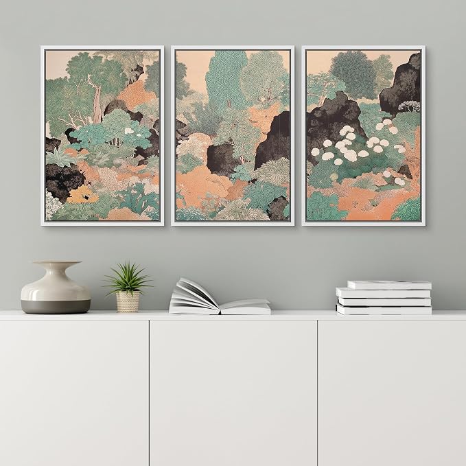 wall26 Framed Print Wall Art Set Vintage Japanese Garden Landscape Decorative Minimal Relax/Zen for Living Room, Bedroom, Office - 16"x24"x3 White