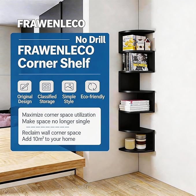 No-Drill Corner Shelf Wall Mount, 7-Tier Floating Corner Bookshelf with Hooks, Space-Saving Zigzag Plant Shelf for Bedroom, Living Room, Bathroom, Home Office（Black）