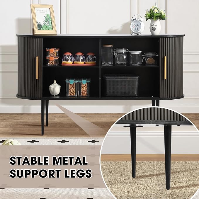 Grepatio Sideboard Buffet Cabinet with Storage, 55" Tambour Credenza Cabinet with Fluted Slide Door and Adjustable Shelves, Wood Console Cabinets for Bedroom Living Room Hallway Entryway (Black)