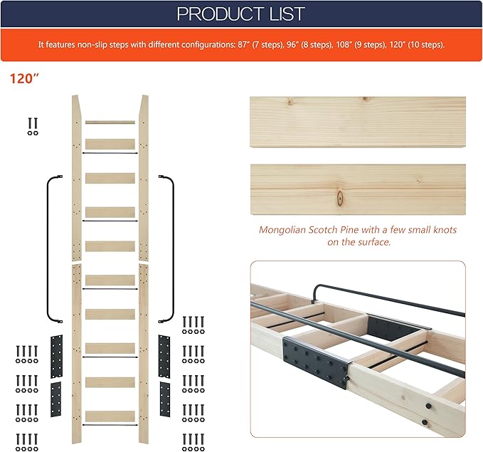 120in Knotty Pine Wood Library Ladder with Black Handrail – 300 lbs Capacity, Unfinished for Painting or Staining