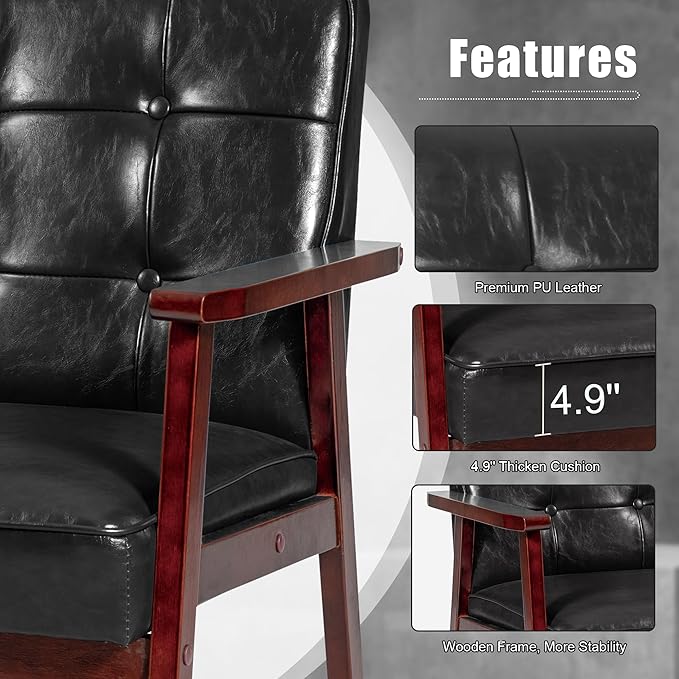 Okeysen Mid Century Modern Accent Chair, Retro Wood and Leather Armchairs Side Chair, Lounge Reading Comfy Arm Chair for Living Room, Bedroom, Office (Black)