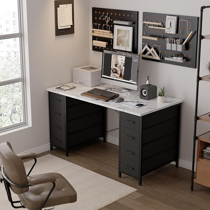Pamray 47 Inch Computer Desk with 8 Fabric Drawers PC Gaming Desk Home Office Study Work Writing Table for Bedroom Marble
