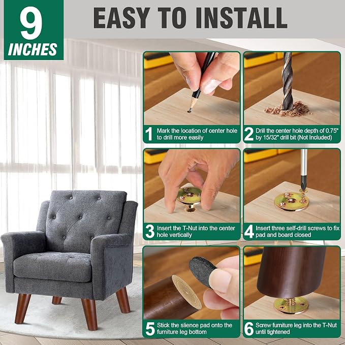 FoDau770 Brown Rubber Wood Furniture Legs 9 Inches, 5/16" UNC Slant Tapered Wood Feet Mid Century Sofa Legs, Wooden Furniture Feet Replacement Parts for Cabinet Couch Dresser Chair Ottoman Table