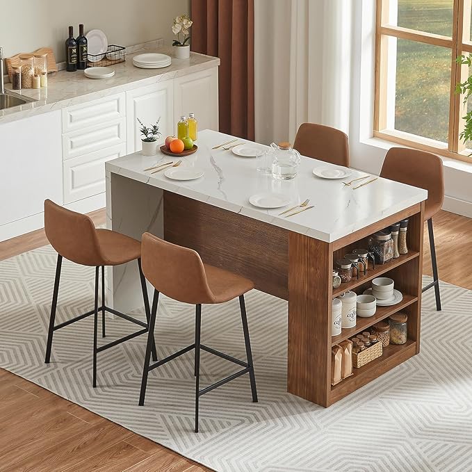 ONBRILL 61"*31" Whole Board of Tabletop Kitchen Island Table with Storage Space, Power Outlet & LED Lights, Modern Imitation Marble Large Counter Height Dining Table for 4 (White)