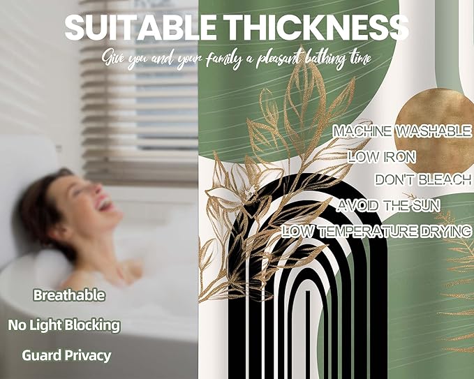 Sage Green Shower Curtain Boho Mid Century White and Light Green and Black Shower Curtains for Bathroom Decor, Waterproof Cloth Fabric with Hooks, 70" W x 72" L