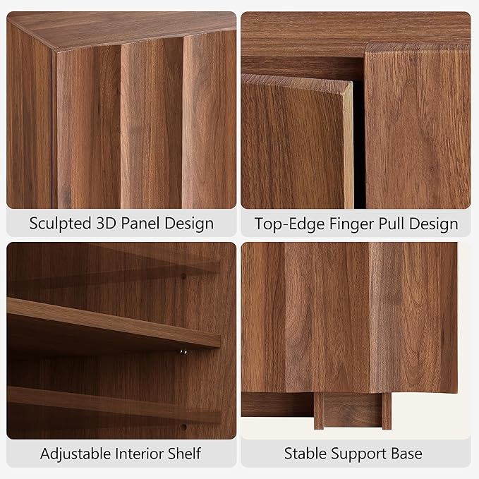 win2win 61.7" Buffet Cabinet with Storage, Mid Century Modern Sideboard with Wave Design, Wood Grain Finish, Credenza with Adjustable Shelves, Modular Cabinets for Living Dining Room Hallway, Walnut