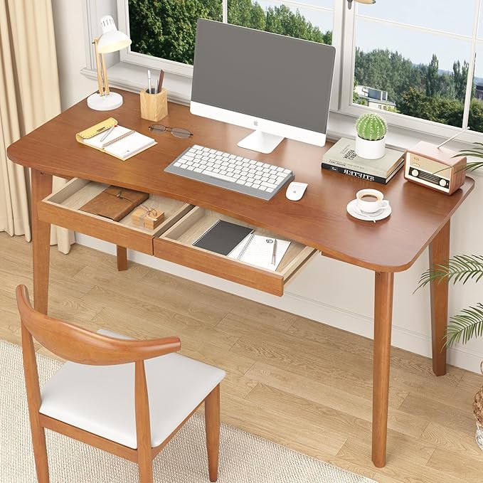 100% Solid Wood Desk with Drawers - 55 x 24 Inch Home Office Computer Desks, Modern Writing Desk with Drawers, Simple Study Table Makeup Vanity - Walnut Vintage Desks
