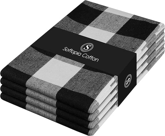 Black Buffalo Plaid Kitchen Dish Towels, 4 Pack, 100% Cotton, 16x26 Inches, Super Absorbent, Quick Dry, Soft, Durable, Dish Drying & Cleaning Towels with Hanging Loop, Black & White