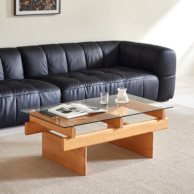 IWOOD Glass Coffee Table for Living Room,100% Solid Wood Coffee Table with Rectangular Tempered Glass Top,Mid Century Modern Coffee Table,Wood