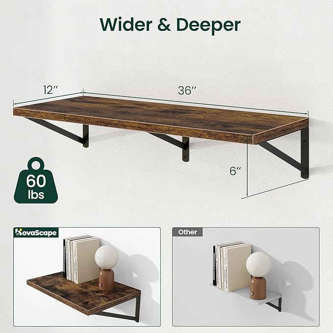 Floating Shelves, 12 Inch Deep Rustic Wood Wall Storage, 36W x 12D Wall Shelves Set of 2, Heavy Duty Metal Brackets, Large Industrial Book Shelf for Living Room, Kitchen, Bedroom, Brown