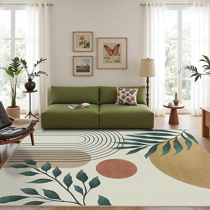 Indoor Outdoor Area Rug, Mid Century Sun Outdoor Patio Rug,Washable Abstract Art Leaves Eucalyptus Runway Rugs Non-Slip Carpet for Camping, Bedroom, Deck(5x8)
