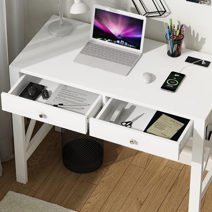 ChooChoo Computer Desk with USB Charging Ports and Power Outlets, Modern Simple 40 Inches Desk with Drawers, Makeup Vanity Console Table, White