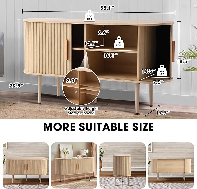 Grepatio 55" Sideboard Buffet Cabinet with Fluted Slide Doors, Tambour Storage Cabinet with Shelves, Modern Credenza Sideboard Buffet Console Cabinets for Living Room Hallway Entryway (Natural)