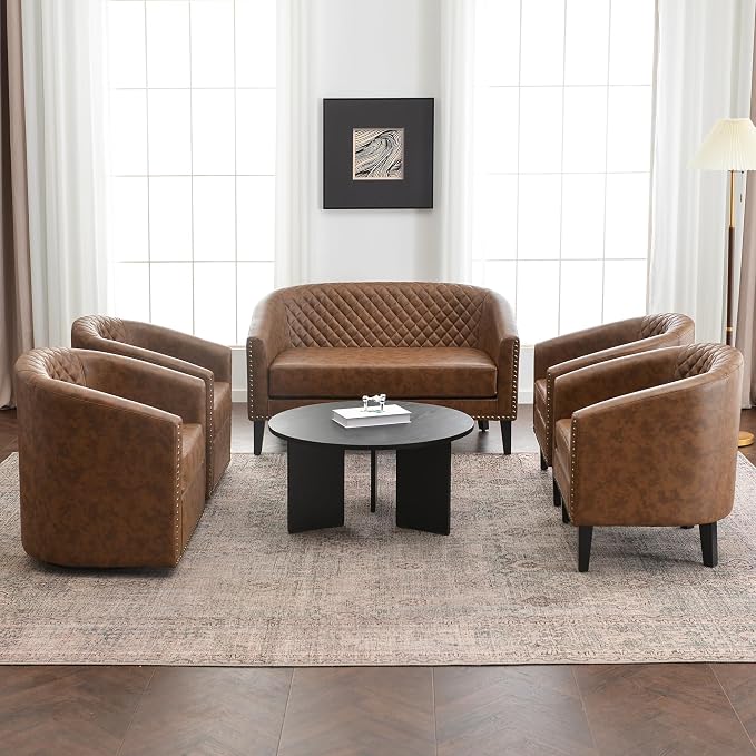 KINWELL 50" Faux Leather Loveseat Sofa with 2 Swivel Barrel Chairs, Coffee | couch chair set
