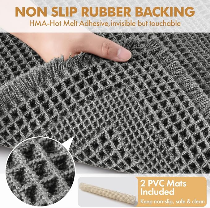 MIULEE Set of 2 Waffle Bathroom Rugs, Boho Bath Rug Super Absorbent, Non Slip Washable Ultra Soft Rubber Backed Shower Bath Mats for Floor, Tub, Shower, Looped Design, Dark Grey, 17x24 Inch