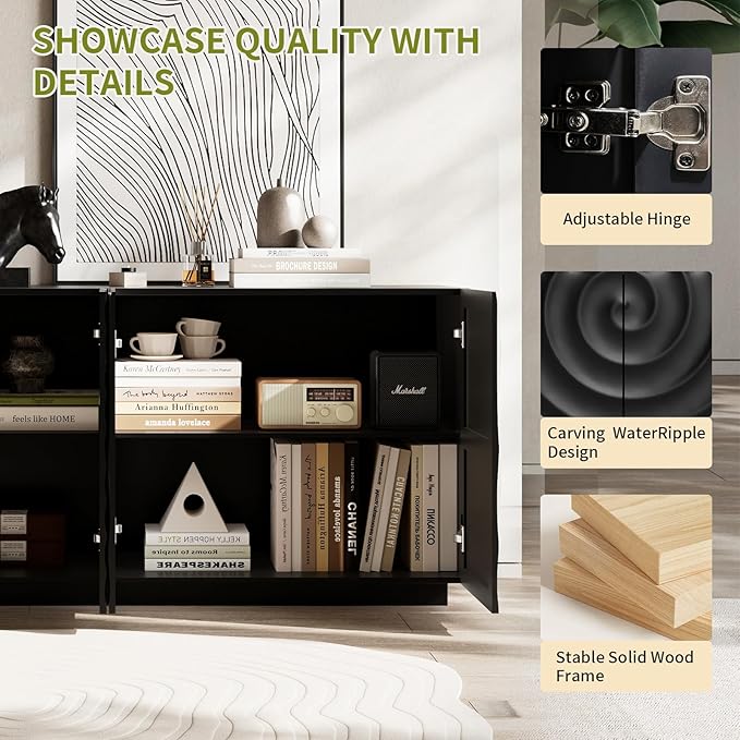 LKTART 59" Sideboard Buffet Cabinet with Storage, 4 Doors Modern Accent Storage Sideboard, Floor Cabinet Buffet with Spiral Grain for Kitchen, Living Room (Black)