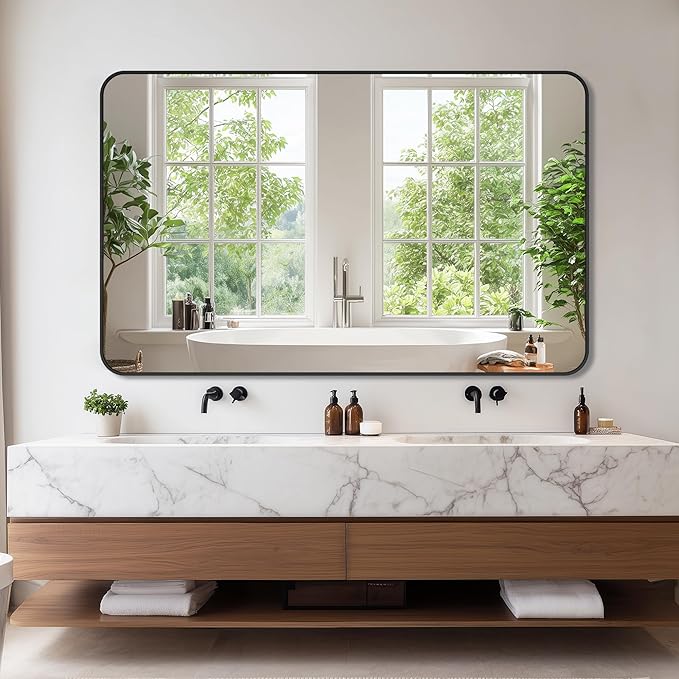 Bathroom Mirrors for Over Sink 48" x 30", Black Metal Frame Rounded Corner Rectangle Wall Mirror, Modern Farmhouse Vanity Mirror(Horizontal/Vertical)