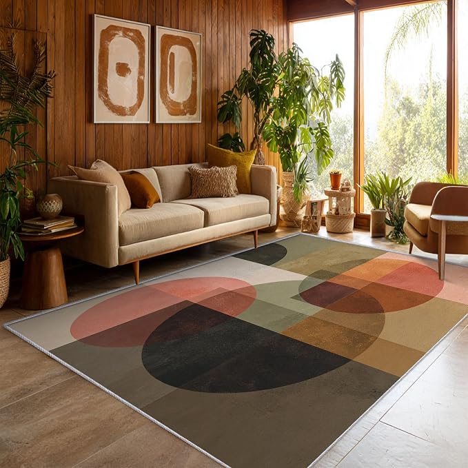 Mid Century Modern Rugs for Home Decor, 3x5 ft, Abstract Geometric Area Rugs for Living Room, Soft Non Slip Washable Retro Geo Circles MCM Carpet Bedroom Decorations D-1g