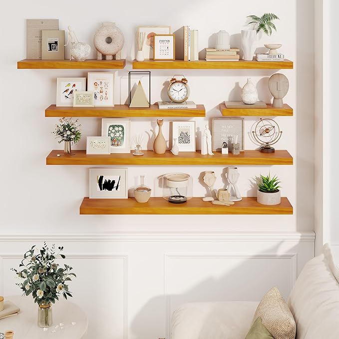 Fun Memories Wood Floating Shelves Set of 2, Rustic Pine Wood Floating Shelves for Wall Mounting, Wide Wall Shelf for Home Decor and Storage, 24" W x 7" D, Honey Oak